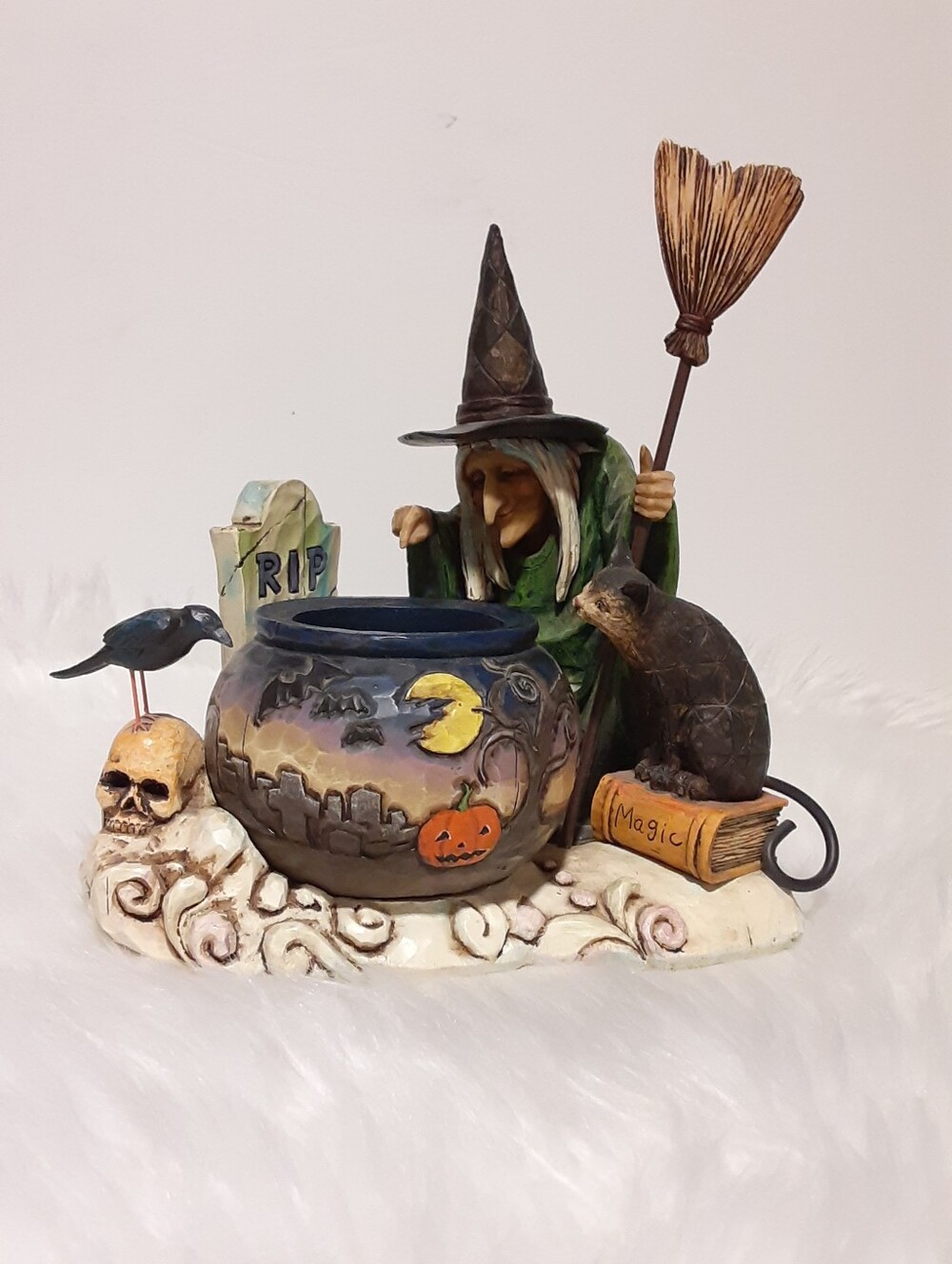 Vintage 2006 Jim Shore Witch w/ Caldron Tea Light Candle Holder Cat Crow Tomb